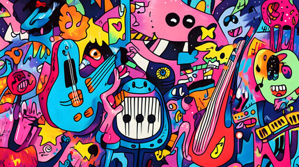 Fototapeta premium doodle art music scene with animated instruments, dancing notes, and energetic characters enjoying the beat 