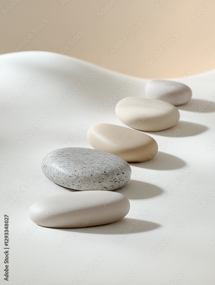 Poster a collection of smooth, polished stones arranged in a gentle curve on a soft pastel background, crea