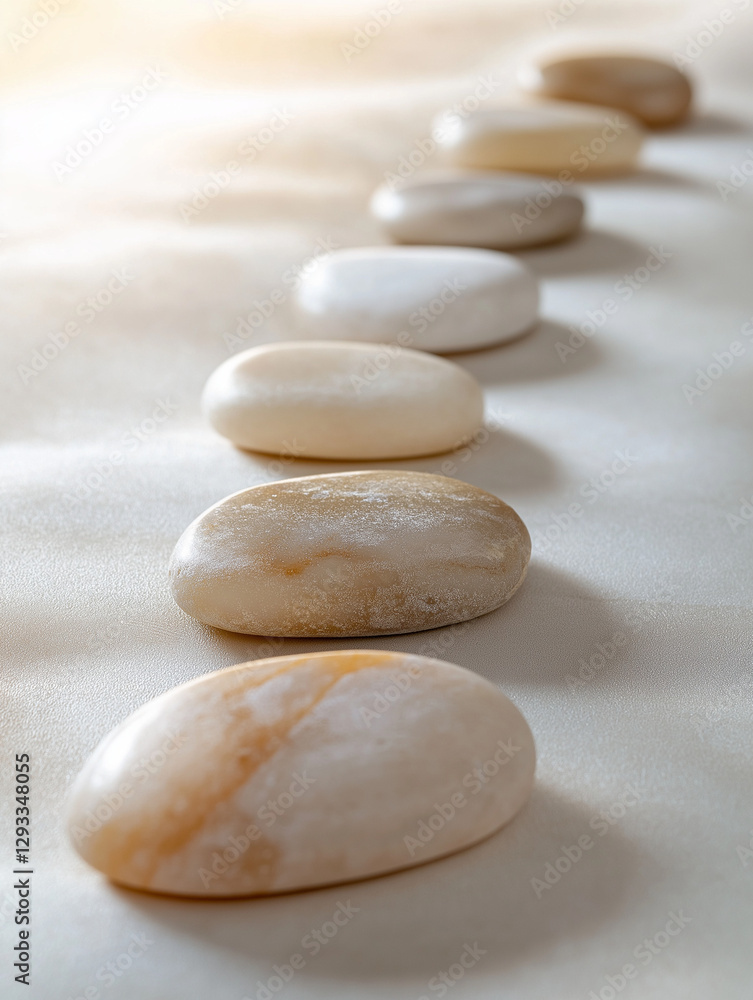 Poster a collection of smooth, polished stones arranged in a gentle curve on a soft pastel background, crea