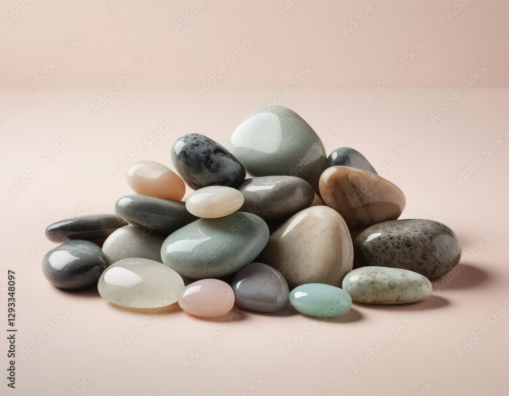 Poster a collection of smooth, polished stones arranged in a gentle curve on a soft pastel background, crea