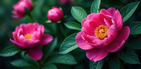 Fototapeta premium Bold peonies & lush foliage, rich jewel tones, vibrant, wallcovering, peony