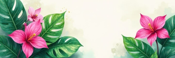 Obraz premium Bold monstera deliciosa leaves and orchids emerge from a watercolor wash background , exotic, pattern