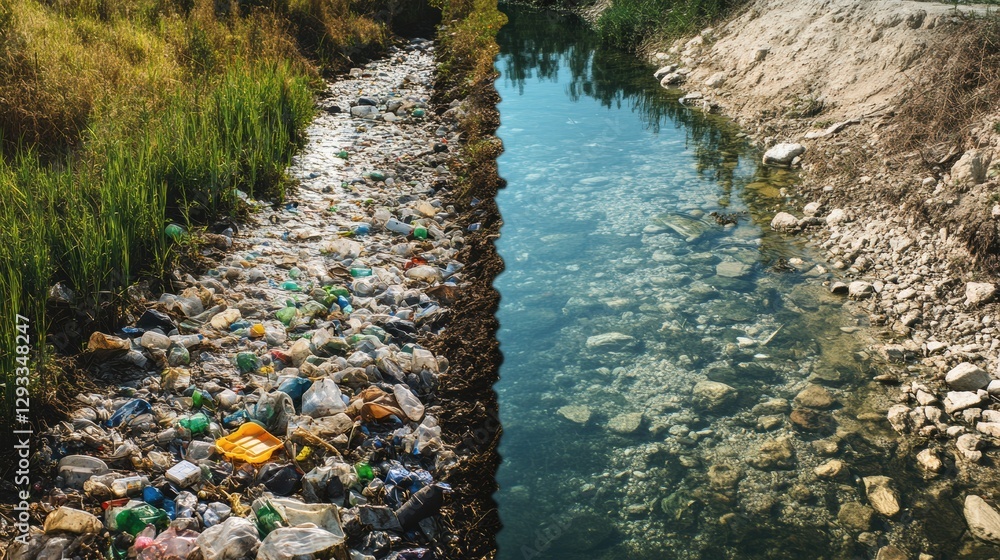 Poster Contrasting views of a polluted river and a crystal clear stream highlighting environmental concerns and the need for action. Generative AI