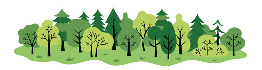 Green forest landscape. Trees background. Simple flat poster. Ecological theme