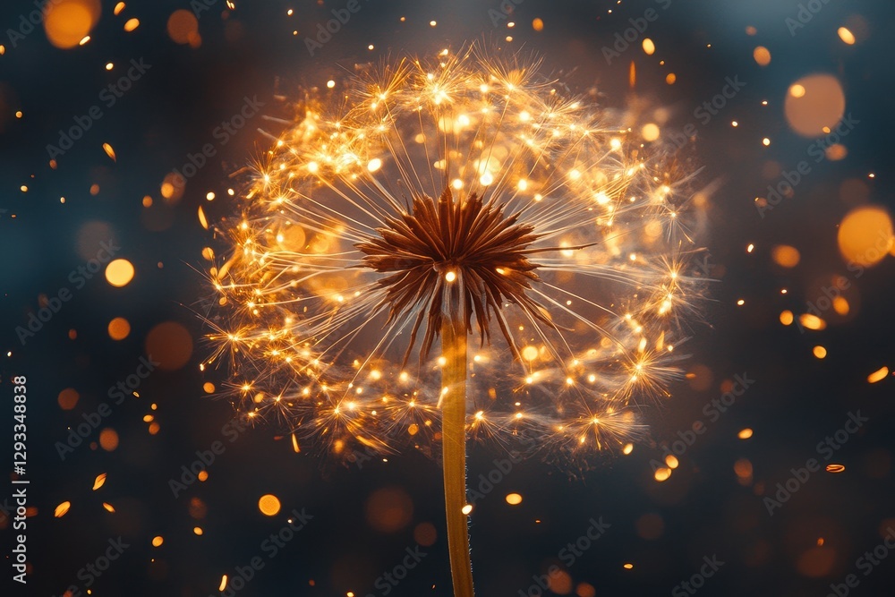 Aufkleber sparkling dandelion and magical glow at night with shimmering particles in the background