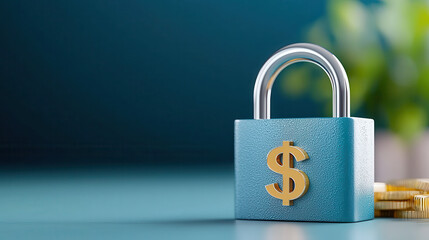 blue padlock with dollar sign symbolizes financial security and protection. lock is placed on smooth surface with blurred coins in background, emphasizing concept of safeguarding wealth
