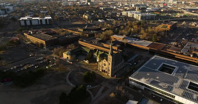 Gothic Architecture Of The Church Of St. Elizabeth Of Hungary In Downtown Denver, Colorado, USA. Aerial, Orbital Shot