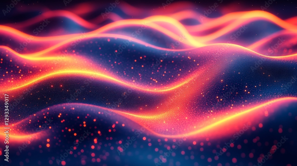 Poster Glowing undulating abstract wave pattern with vibrant colors and sparkling particles. Futuristic digital art and energy flow concept