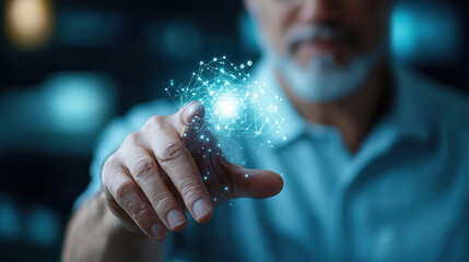 man interacts with glowing digital network, symbolizing advanced technology and innovation. focus is on his hand, highlighting connection between human touch and futuristic digital interfaces