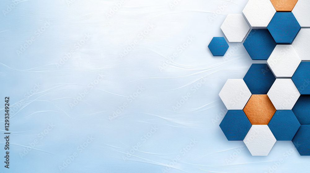 Poster geometric pattern of blue, white, and orange hexagons on textured light blue background creates mode