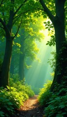 Obraz premium Lush green canopy, vibrant foliage, sunlight dappled, humid, sunlight, leaves