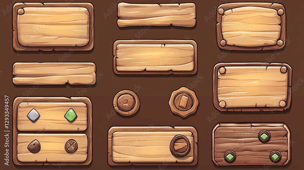 Aufkleber wooden game ui design elements for videogame menu. cartoon vector illustration set of wood texture p