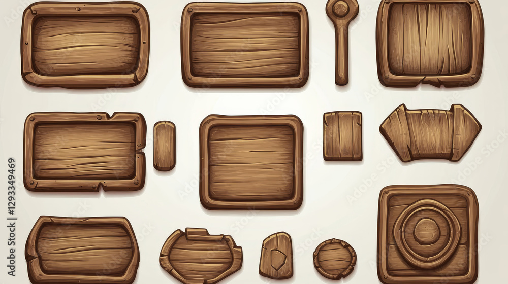 Poster wooden game ui design elements for videogame menu. cartoon vector illustration set of wood texture p