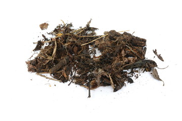 Peat soil isolated. Dried dry dirt, ground pile, manure soil, arid dirt, natural black turf, dirty earth texture on white background 