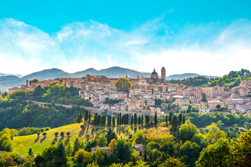 Urbino city skyline and countryside landscape. Marche region, Italy