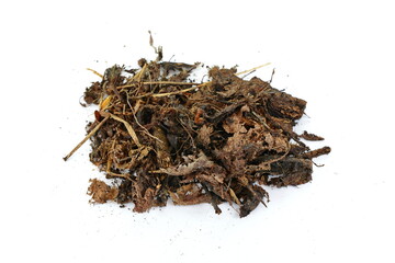 Peat soil isolated. Dried dry dirt, ground pile, manure soil, arid dirt, natural black turf, dirty earth texture on white background 