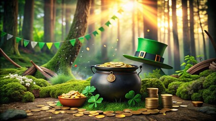 St. Patrick's Day: Black Cauldron, Gold, Shamrocks & Fairy Forest - Festive Banner