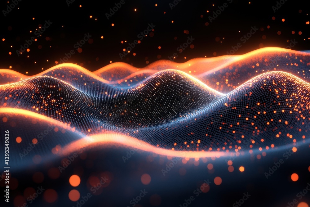 Poster abstract glowing waves illuminated by particles creating a dynamic visual effect in a dark backgroun