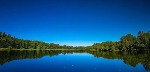 Obraz premium reflection of trees on lake with blue sky