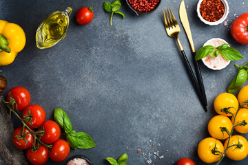 Healthy food background. Healthy food concept, fresh tomatoes, vegetables and spices. Organic food. Free space for text.