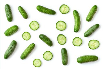 Fresh cucumbers on white background in pattern. AI image