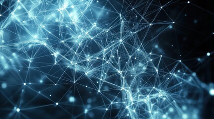 Symmetrical network of dark blue and white lines & dots, radiating depth with soft light blue highlights, evoking intrigue and elegance. (134 characters)