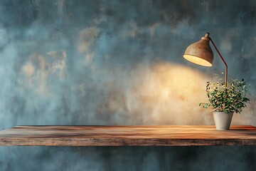 Desk lamp illuminates plant, wood desk, textured wall