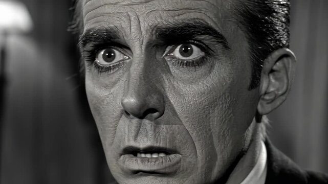Captivating expression of surprise in a black and white classic film from the mid-20th century