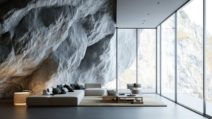 Modern minimalist living room design with rock wall and panoramic mountain view.