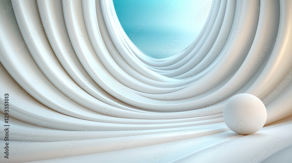 Poster minimalist wave structure with conceptual architectural design features smooth white sphere in serene, abstract environment. scene evokes sense of calm and creativity