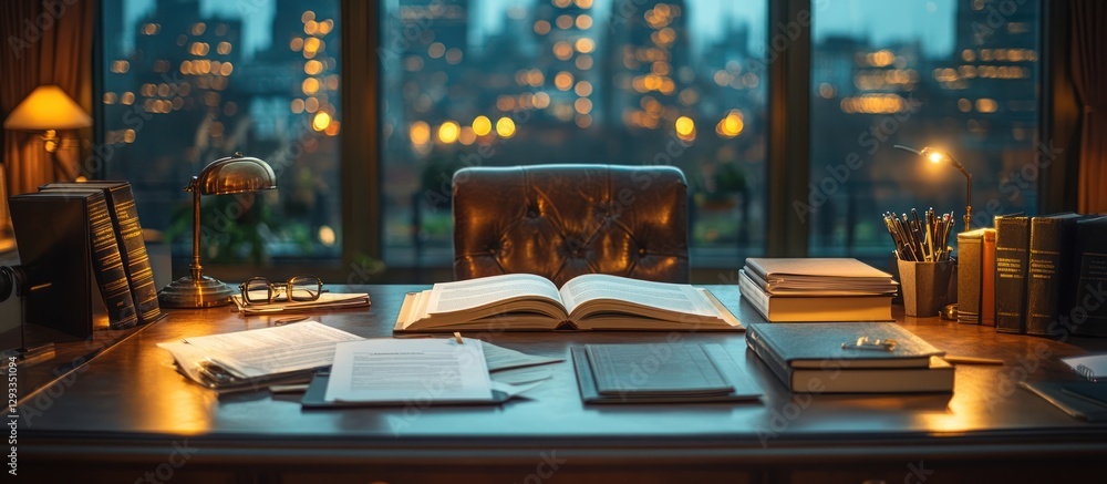 Poster elegant study desk with open book and documents in front of a city view window at night.
