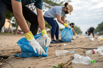 Volunteers wearing gloves collect plastic waste on beach, promoting environmental awareness and community involvement. Their efforts highlight importance of keeping nature clean