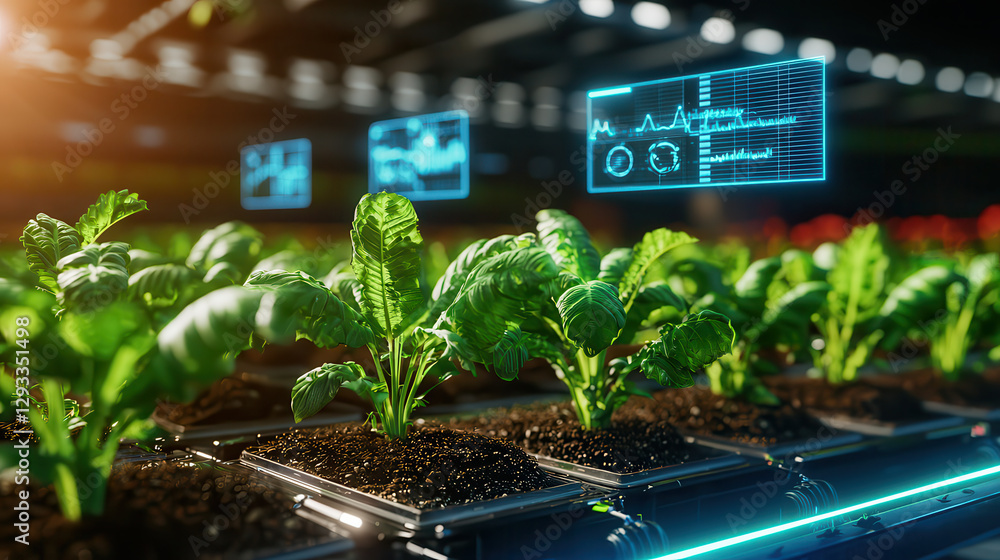 Poster high tech agricultural farm with automated harvesting features vibrant green plants growing in contr