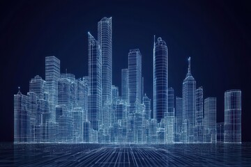Fototapeta premium 3D wireframe presents a futuristic city skyline for digital displays.