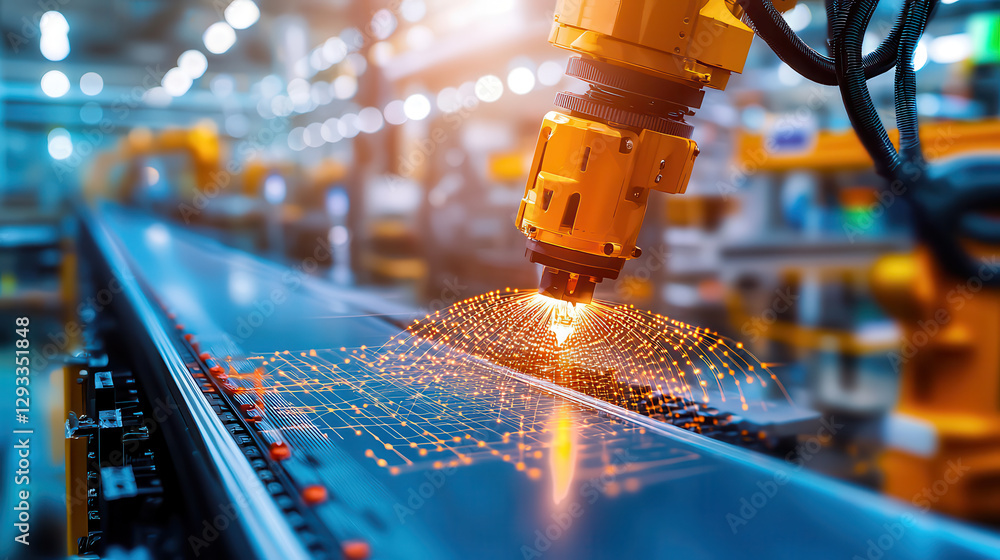 Poster robotic arm in high tech factory uses AI driven holographic blueprints for precision manufacturing, showcasing advanced technology and automation