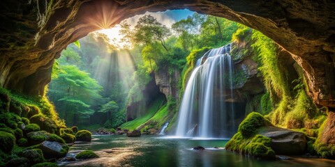 Stunning Candid Shot: Cave Waterfall Nature's Majesty