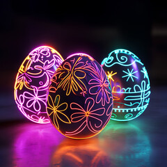 Fototapeta premium Vibrant Neon Easter Eggs with Artistic Floral Designs on Black Background