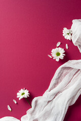 White fabric with daisy flowers on vibrant pink background. Abstract background for Mother's Day, International women's day