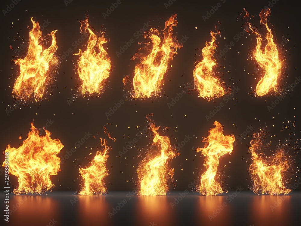 Poster isolated flame collection set of dynamic fire elements on dark background
