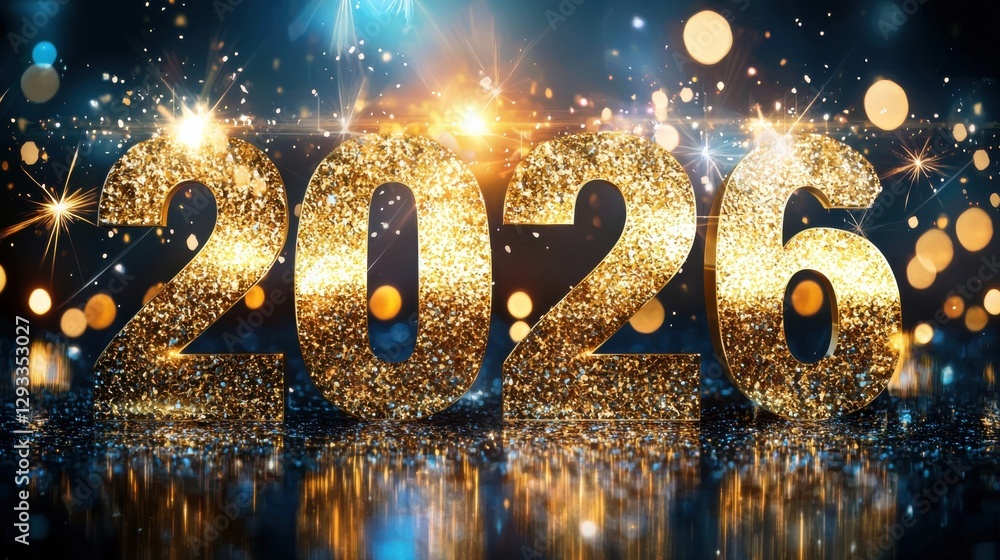Poster bright and dazzling new year 2026 with colorful fireworks display and glittering reflections on the 