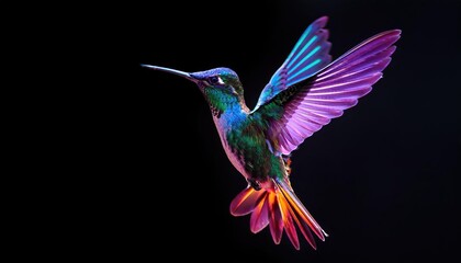 Stunning Neon Hummingbird Illuminated Against a Velvet Backdrop, Irradiating a Dance of Colors in the Nights Mystique.