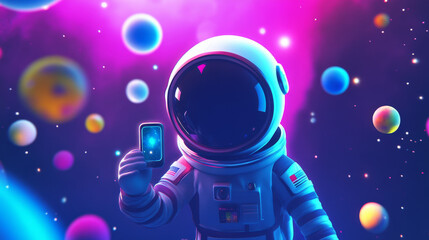 Naklejka premium Planet and astronaut cartoon game illustration set. Fantasy world ui icon pack for magic galaxy universe. Childish spaceman character with smartphone take cosmic selfie near meteor and rock sphere.