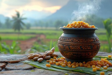 Traditional cooking pot filled with sweet delicacies surrounded by lush landscapes during sunset