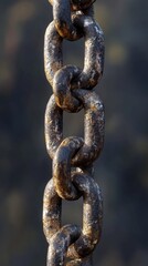 Fototapeta premium Closeup of weathered metal chain showing rust and texture against blurred background. Strength and durability concept