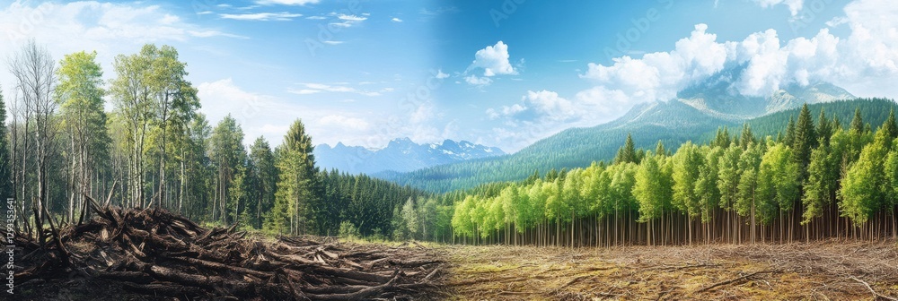 Aufkleber contrasting deforestation and thriving forest in a conservation message for future generations. gene