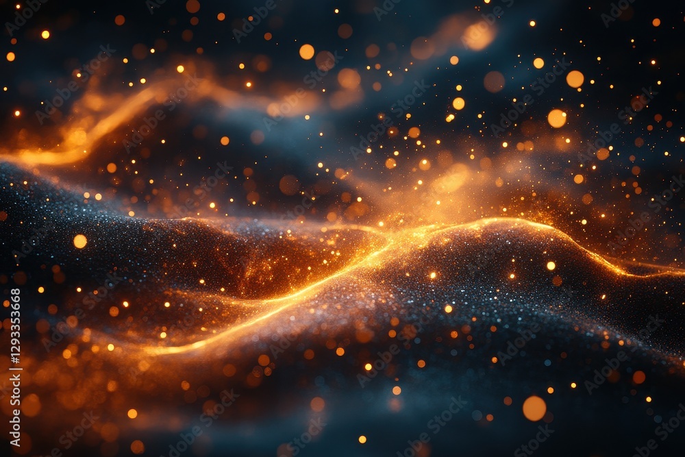 Poster swirling golden particles create a mesmerizing effect against a dark backdrop in a stunning abstract