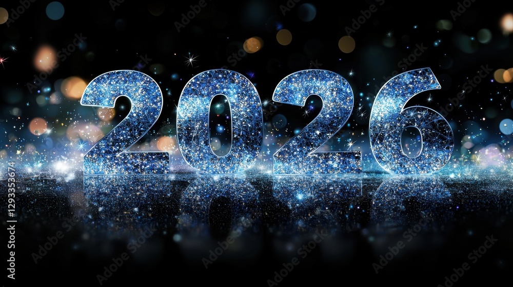 Poster glittering 2026 new year abstract background with shiny confetti bokeh lights and countdown to midni
