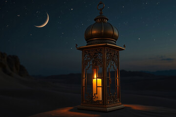 Fototapeta premium Mystical Ramadan Scene with Golden Lantern and Starry Desert Sky for Enchanting Festivities