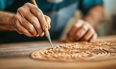 Obraz premium Close-Up of Artisan Hand-Carving Intricate Wooden Design