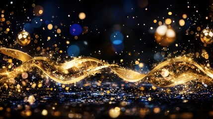 Captivating golden glitter waves dancing across a sparkling midnight blue background creating an abstract elegant and luxurious backdrop perfect for high end designs